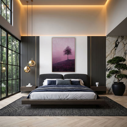 Lone Tree on Plum Hillside wall art in an elegant modern room – lone leafy tree on a plum-colored hillside
