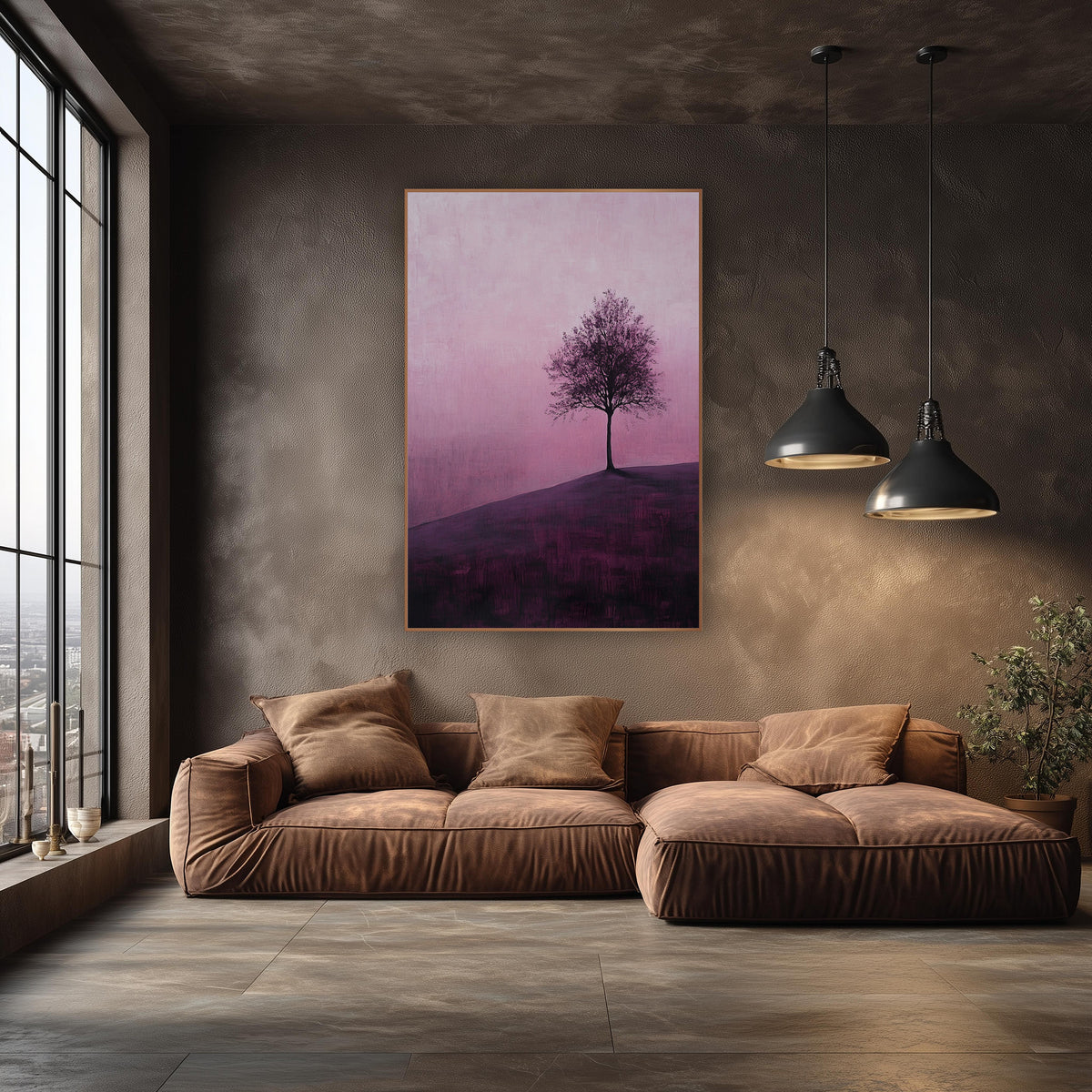 Lone Tree on Plum Hillside wall art in an elegant modern room – lone leafy tree on a plum-colored hillside