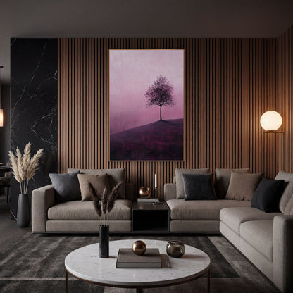 Lone Tree on Plum Hillside wall art in an elegant modern room – lone leafy tree on a plum-colored hillside