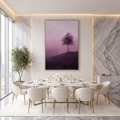 Lone Tree on Plum Hillside wall art in an elegant modern room – lone leafy tree on a plum-colored hillside