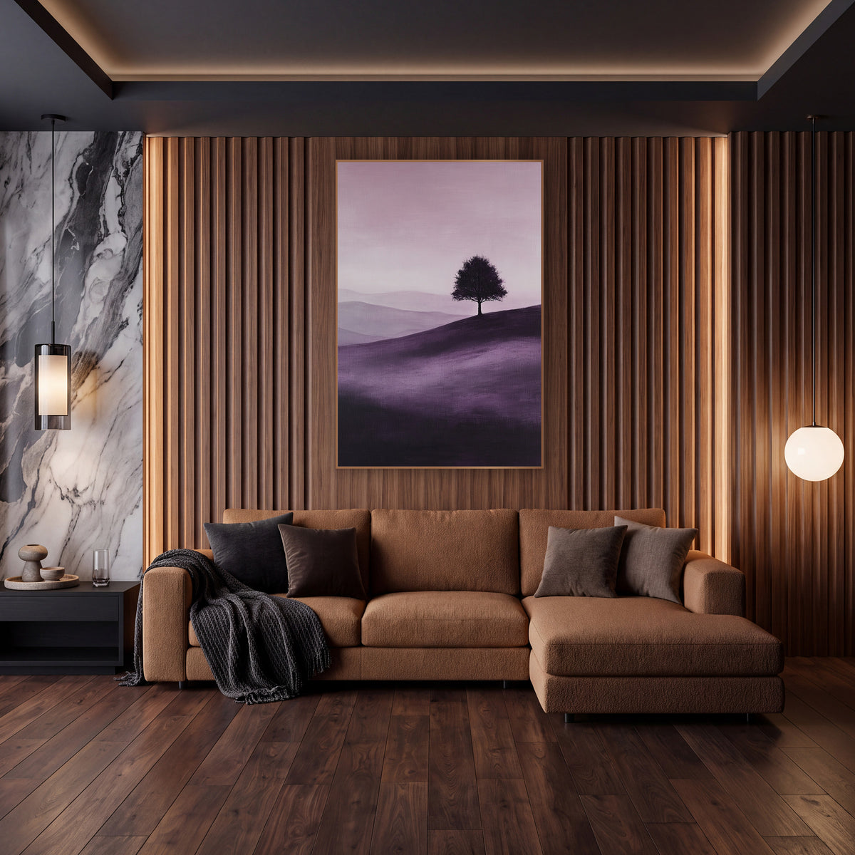 Violet Rolling Hills Silhouette Tree wall art in an elegant modern room – lone round tree silhouetted on a rolling