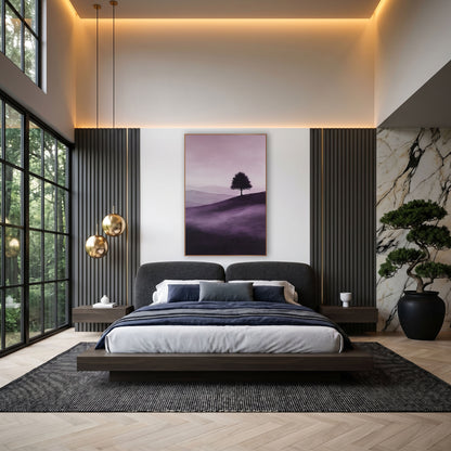 Violet Rolling Hills Silhouette Tree wall art in an elegant modern room – lone round tree silhouetted on a rolling