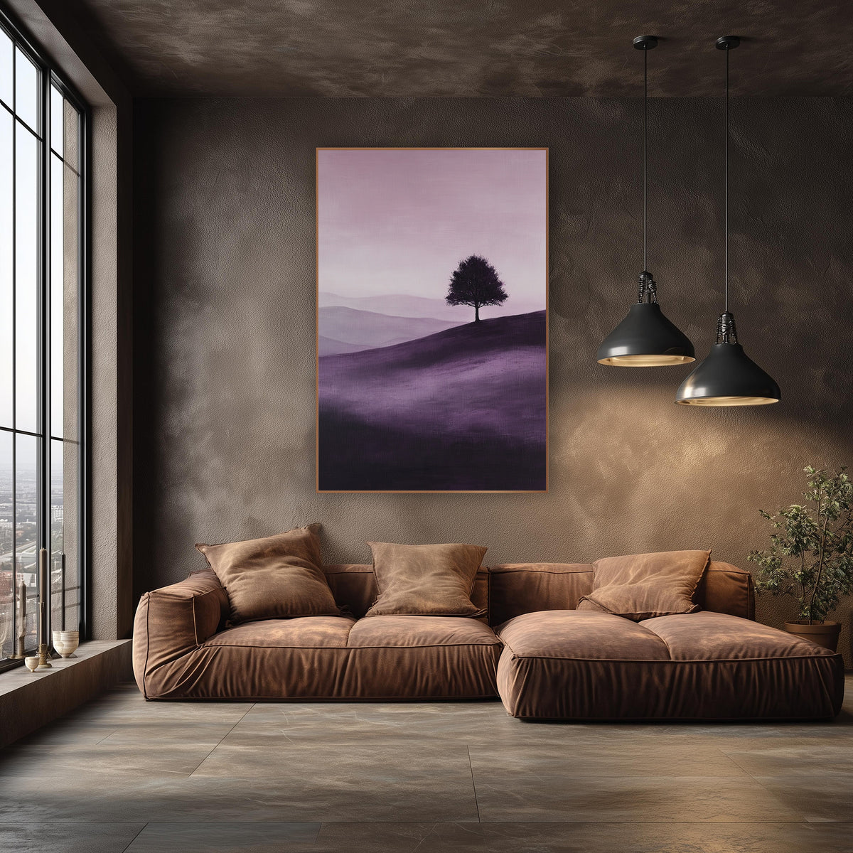 Violet Rolling Hills Silhouette Tree wall art in an elegant modern room – lone round tree silhouetted on a rolling