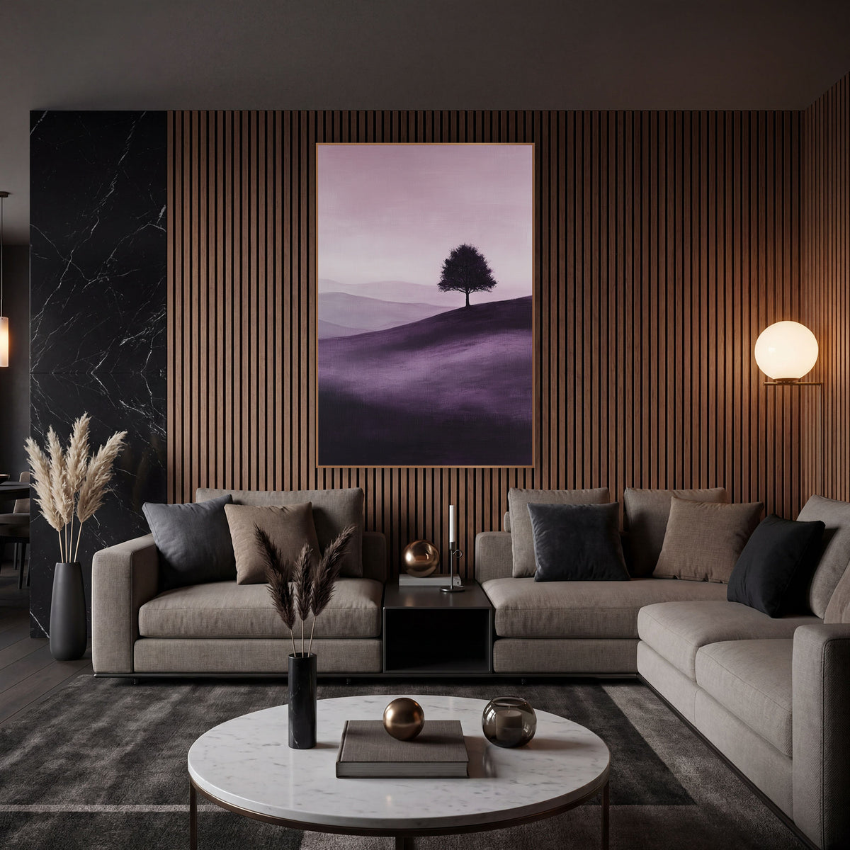 Violet Rolling Hills Silhouette Tree wall art in an elegant modern room – lone round tree silhouetted on a rolling