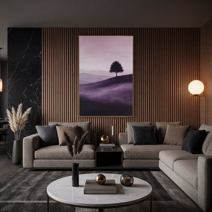 Violet Rolling Hills Silhouette Tree wall art in an elegant modern room – lone round tree silhouetted on a rolling