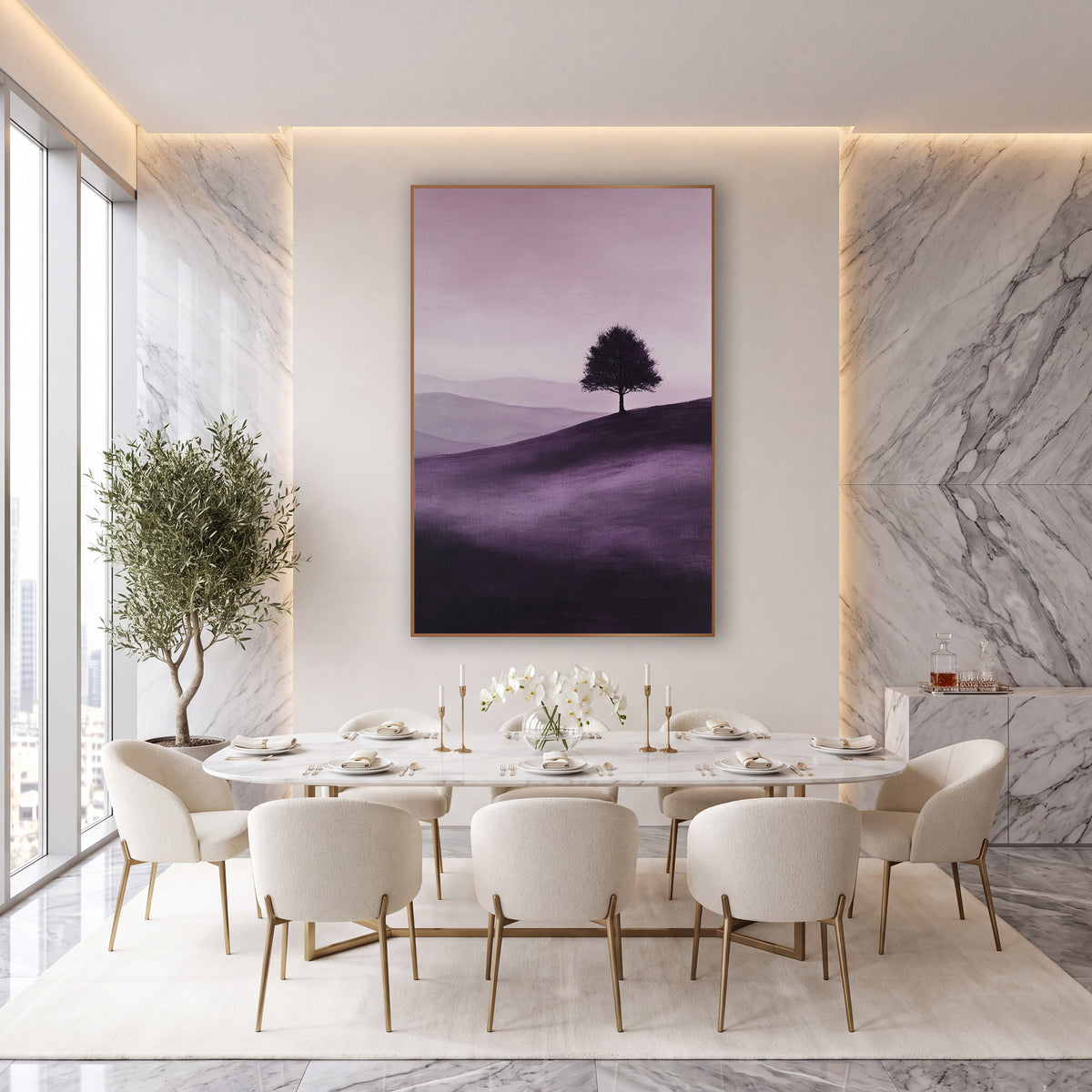 Violet Rolling Hills Silhouette Tree wall art in an elegant modern room – lone round tree silhouetted on a rolling