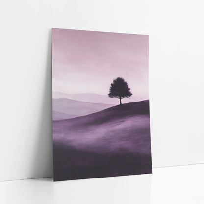 Violet Rolling Hills Silhouette Tree art print leaning against a white wall – lone round tree silhouetted on a rolling hill