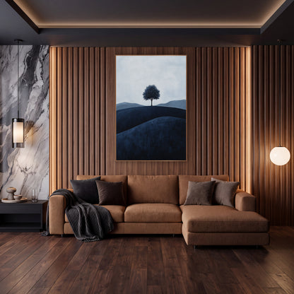 Midnight Hill Oak Dusky Landscape wall art in an elegant modern room – lone tree on a dark navy hill with gray-blue