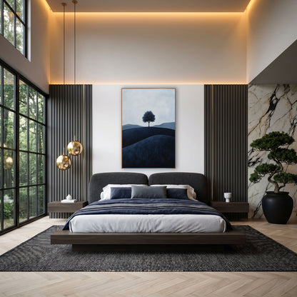 Midnight Hill Oak Dusky Landscape wall art in an elegant modern room – lone tree on a dark navy hill with gray-blue