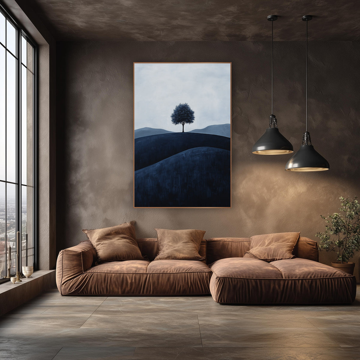 Midnight Hill Oak Dusky Landscape wall art in an elegant modern room – lone tree on a dark navy hill with gray-blue
