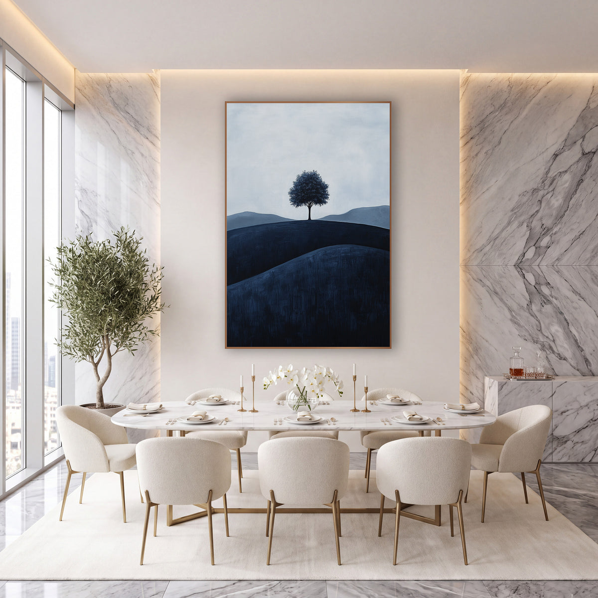 Midnight Hill Oak Dusky Landscape wall art in an elegant modern room – lone tree on a dark navy hill with gray-blue