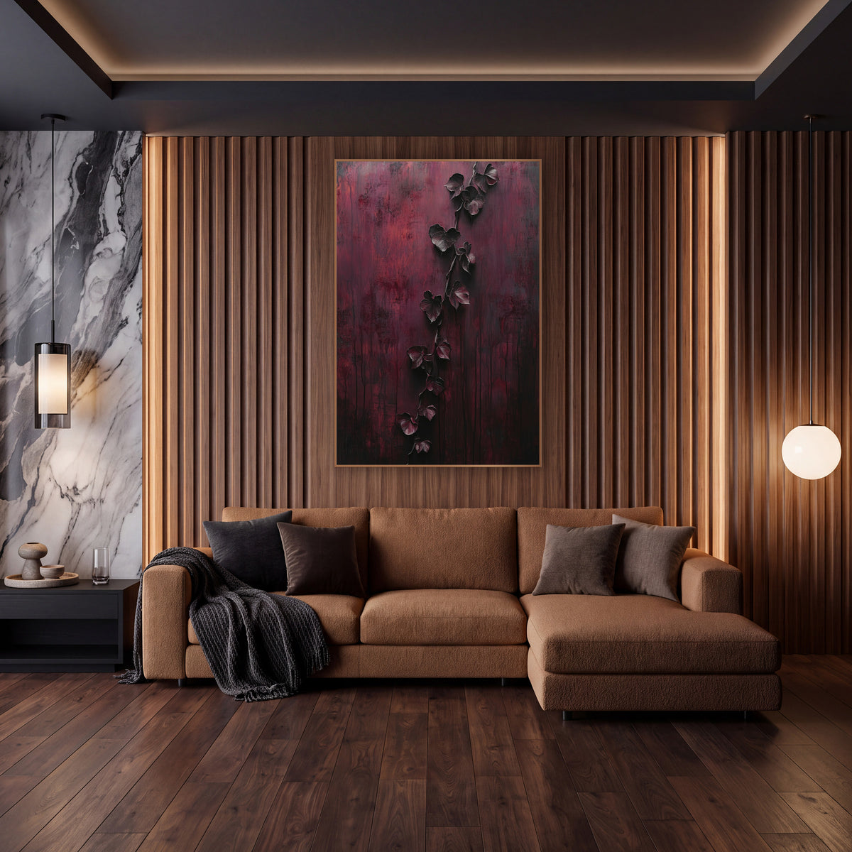 Burgundy Trailing Vine Dramatic Luxury wall art in an elegant modern room – dark trailing vine with heart-shaped