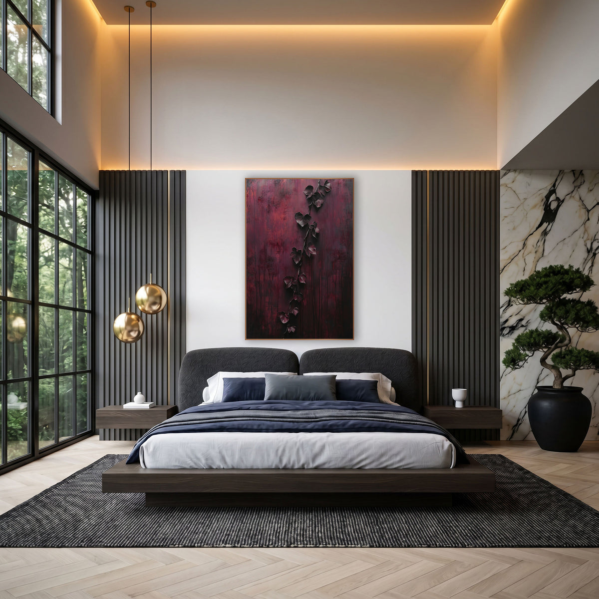 Burgundy Trailing Vine Dramatic Luxury wall art in an elegant modern room – dark trailing vine with heart-shaped