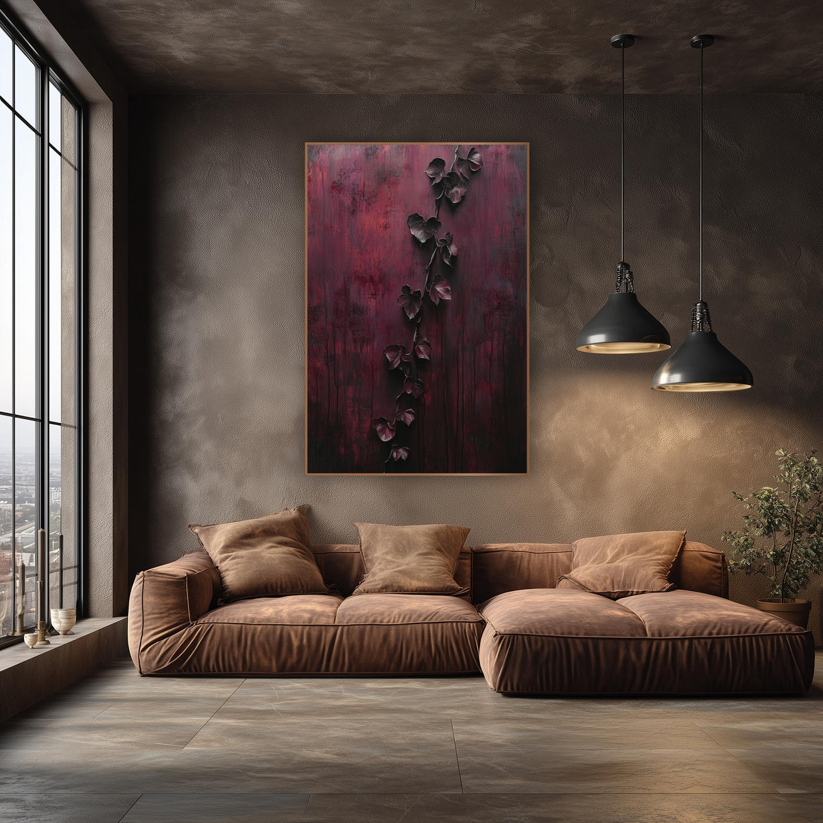 Burgundy Trailing Vine Dramatic Luxury wall art in an elegant modern room – dark trailing vine with heart-shaped