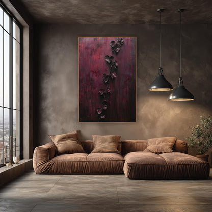 Burgundy Trailing Vine Dramatic Luxury wall art in an elegant modern room – dark trailing vine with heart-shaped