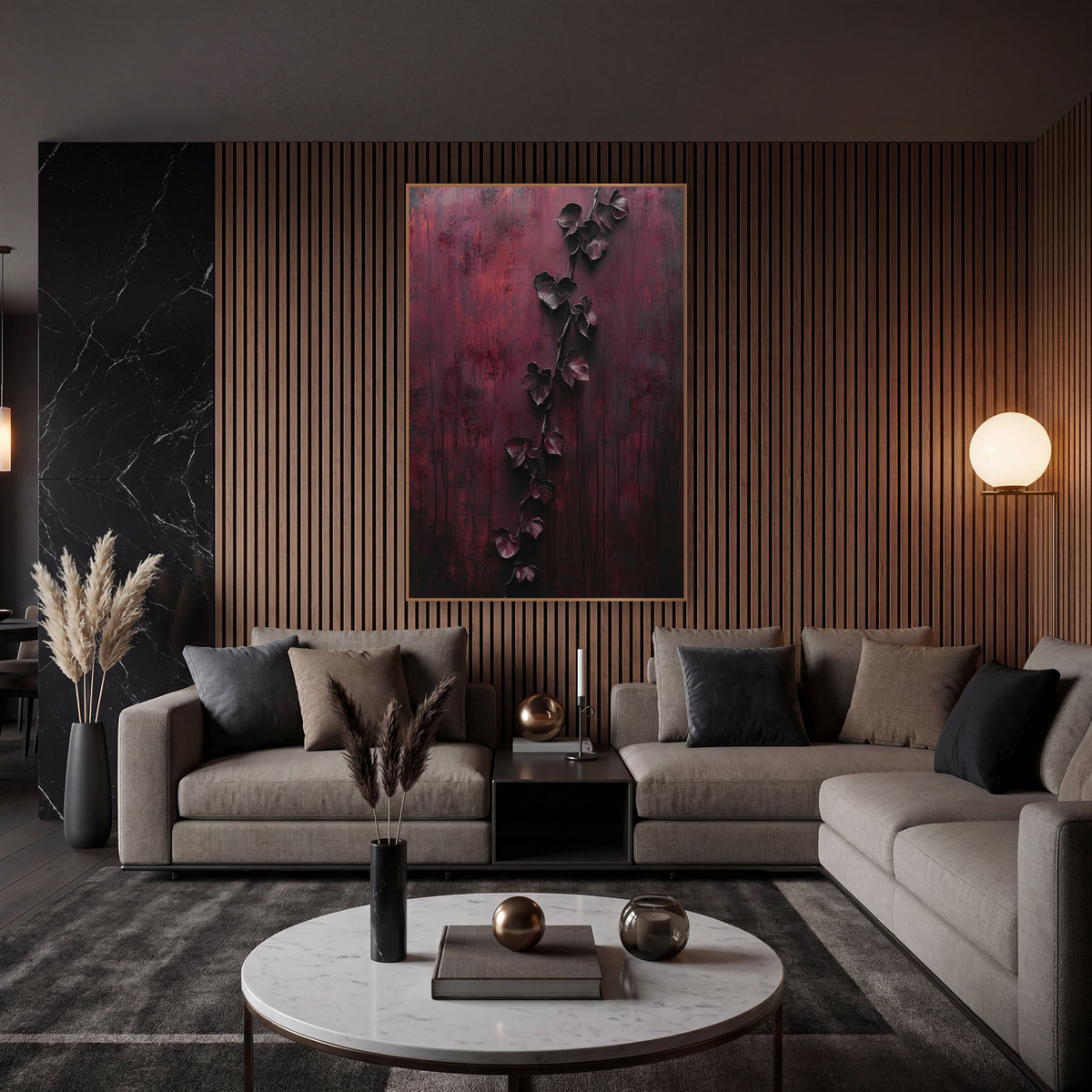 Burgundy Trailing Vine Dramatic Luxury wall art in an elegant modern room – dark trailing vine with heart-shaped
