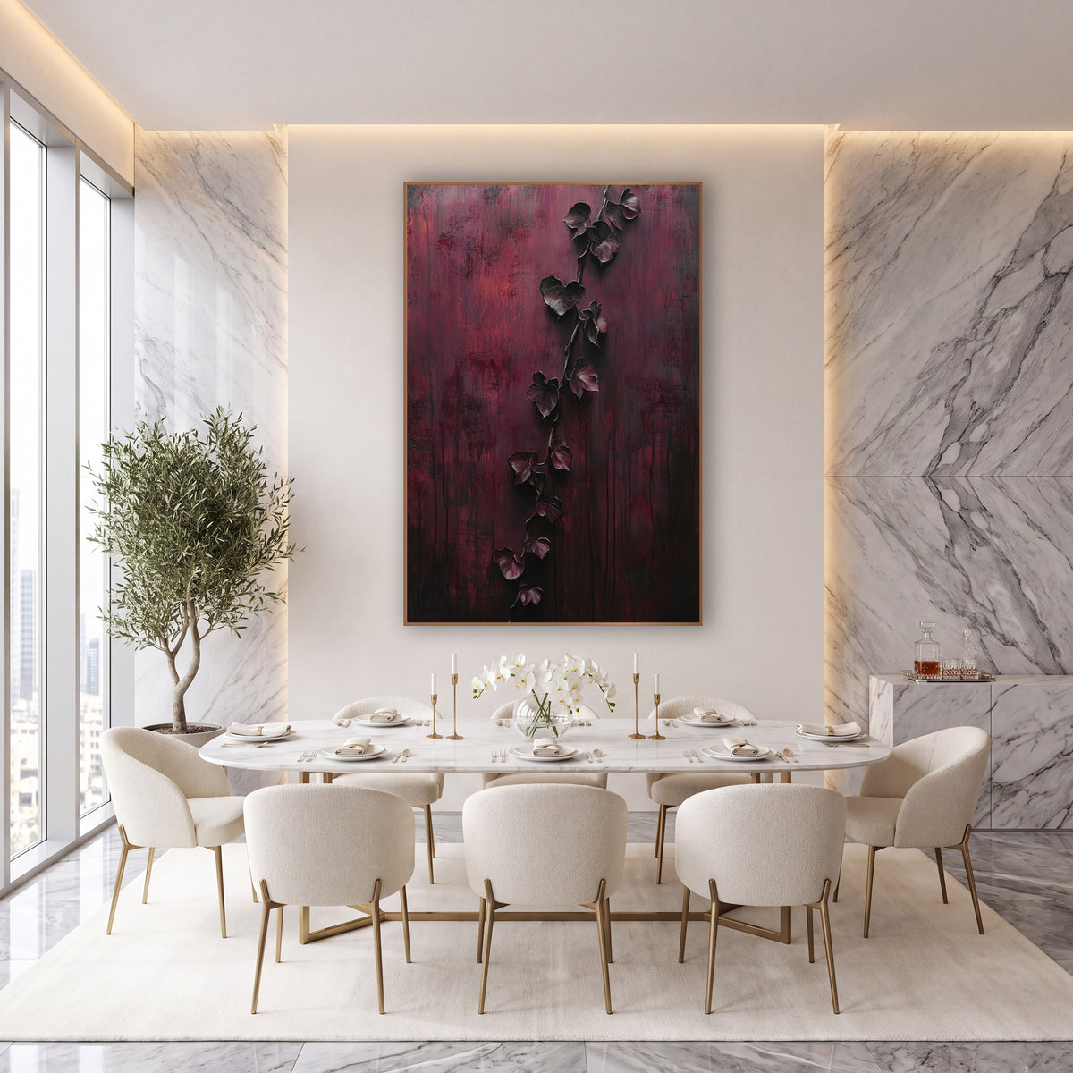 Burgundy Trailing Vine Dramatic Luxury wall art in an elegant modern room – dark trailing vine with heart-shaped