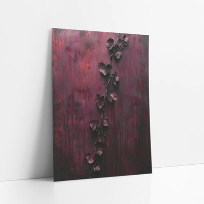 Burgundy Trailing Vine Dramatic Luxury art print leaning against a white wall – dark trailing vine with heart-shaped leaves