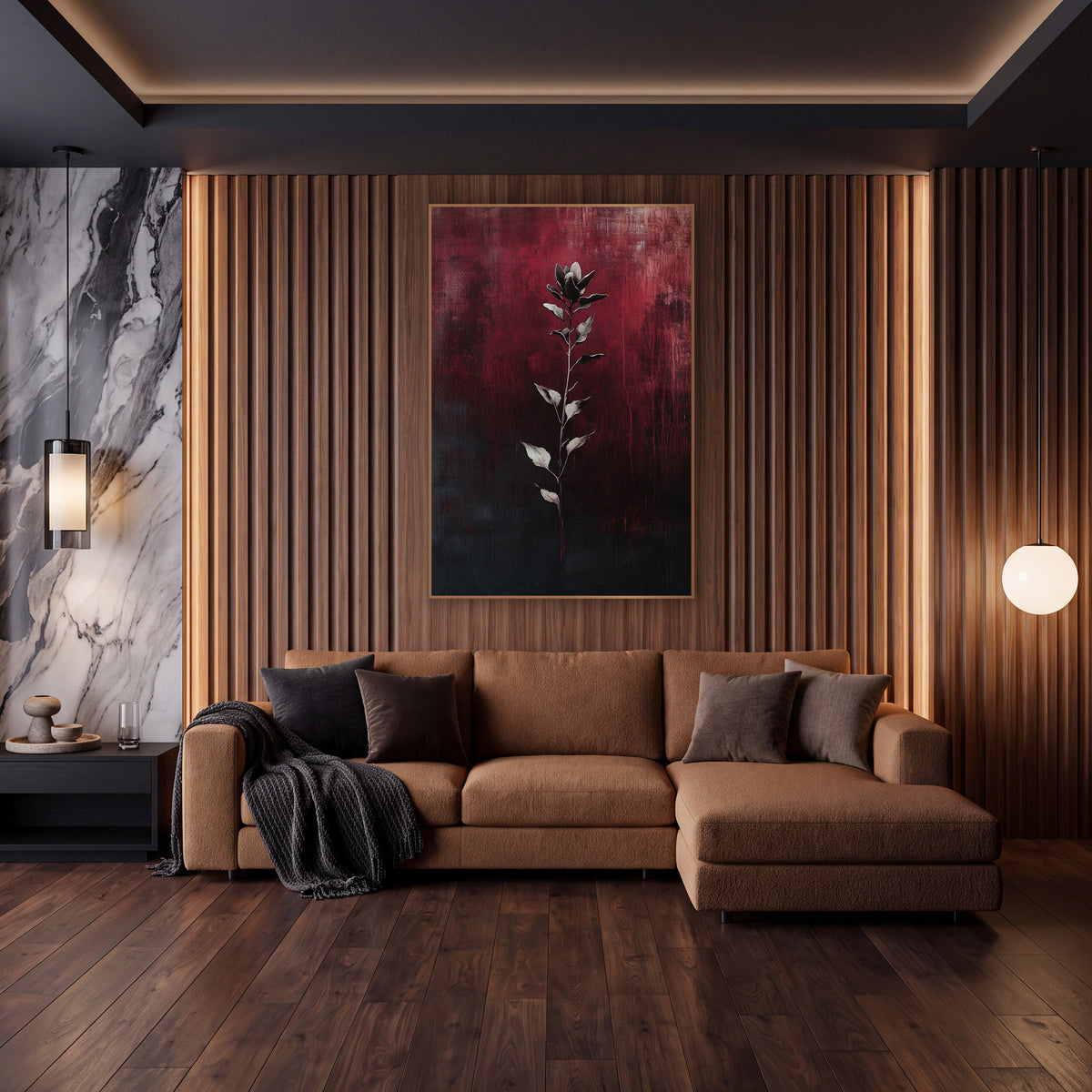 Crimson Botanical Stem Moody Abstract wall art in an elegant modern room – slender flower stem with silvery leaves