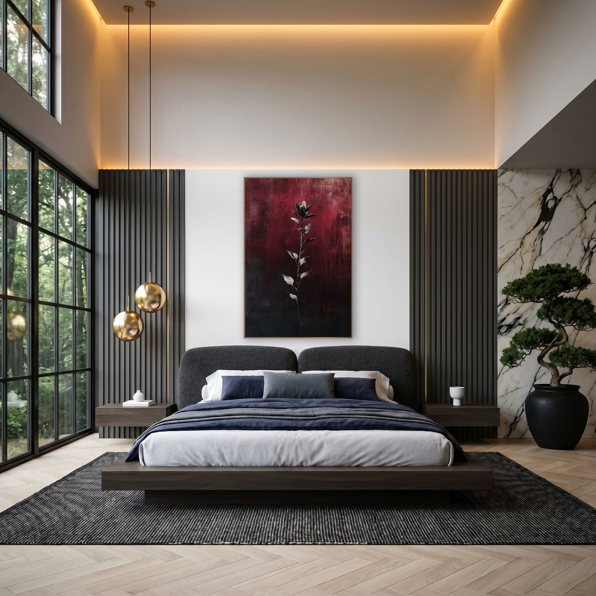 Crimson Botanical Stem Moody Abstract wall art in an elegant modern room – slender flower stem with silvery leaves