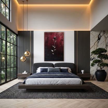 Crimson Botanical Stem Moody Abstract wall art in an elegant modern room – slender flower stem with silvery leaves