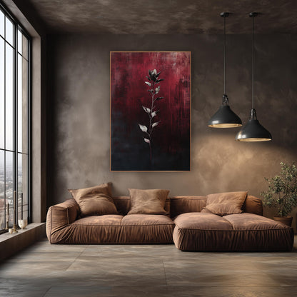 Crimson Botanical Stem Moody Abstract wall art in an elegant modern room – slender flower stem with silvery leaves