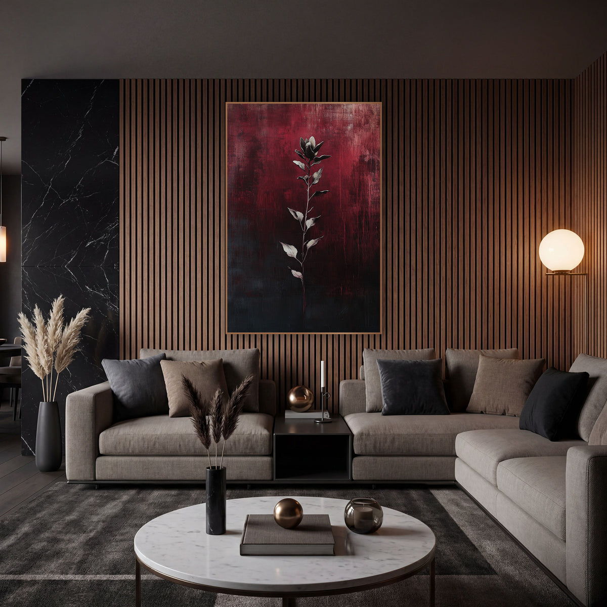Crimson Botanical Stem Moody Abstract wall art in an elegant modern room – slender flower stem with silvery leaves