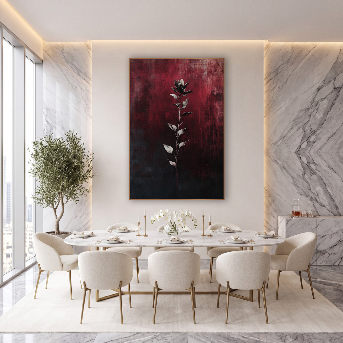 Crimson Botanical Stem Moody Abstract wall art in an elegant modern room – slender flower stem with silvery leaves