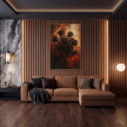 Dark Crimson Rose Bouquet Moody wall art in an elegant modern room – cluster of dark crimson roses on thin stems