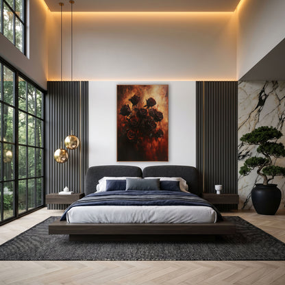 Dark Crimson Rose Bouquet Moody wall art in an elegant modern room – cluster of dark crimson roses on thin stems