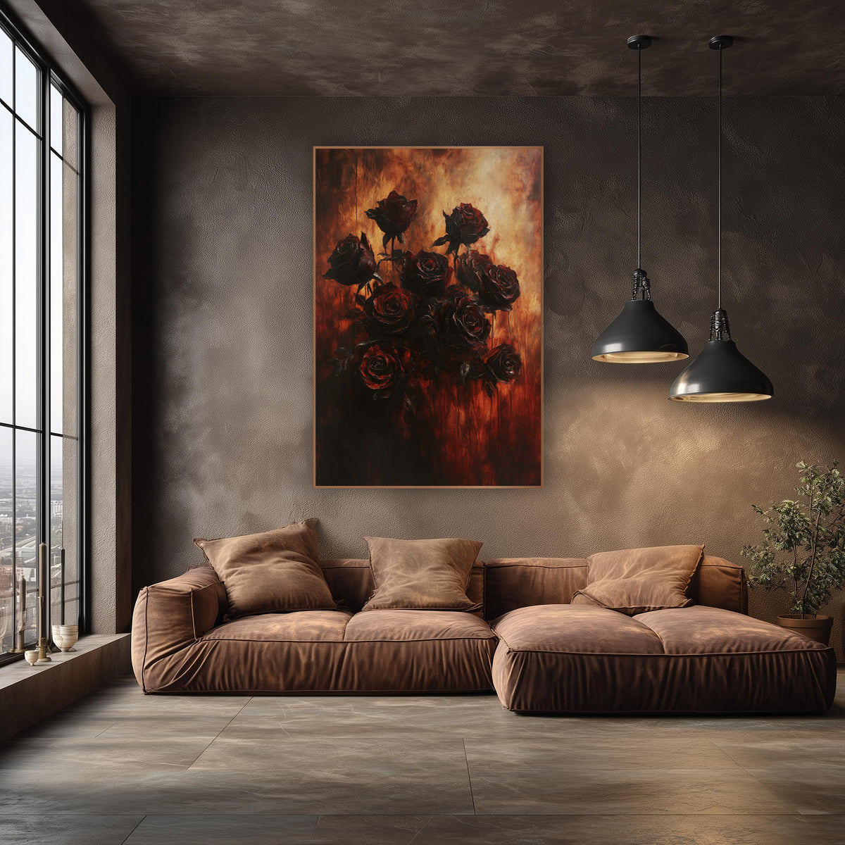 Dark Crimson Rose Bouquet Moody wall art in an elegant modern room – cluster of dark crimson roses on thin stems