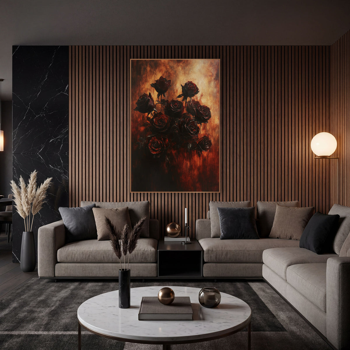 Dark Crimson Rose Bouquet Moody wall art in an elegant modern room – cluster of dark crimson roses on thin stems