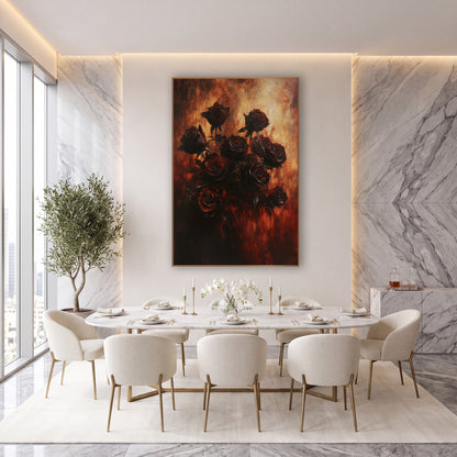 Dark Crimson Rose Bouquet Moody wall art in an elegant modern room – cluster of dark crimson roses on thin stems