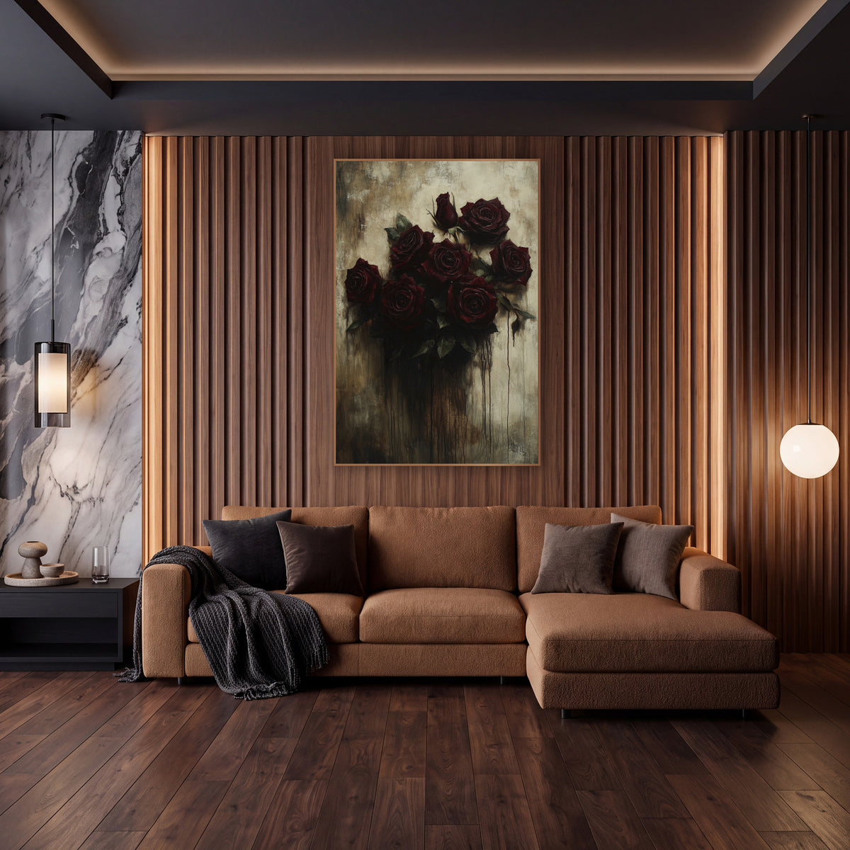 Dark Crimson Rose Bouquet Gothic wall art in an elegant modern room – seven deep crimson roses and a bud with green