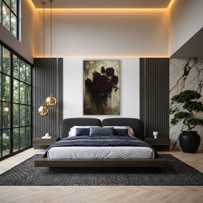 Dark Crimson Rose Bouquet Gothic wall art in an elegant modern room – seven deep crimson roses and a bud with green