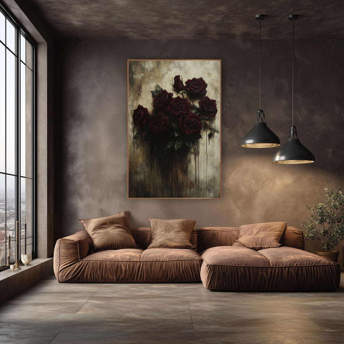 Dark Crimson Rose Bouquet Gothic wall art in an elegant modern room – seven deep crimson roses and a bud with green