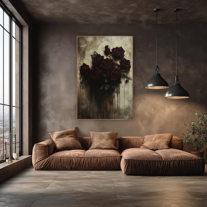 Dark Crimson Rose Bouquet Gothic wall art in an elegant modern room – seven deep crimson roses and a bud with green