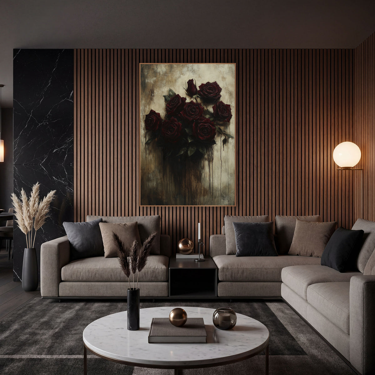 Dark Crimson Rose Bouquet Gothic wall art in an elegant modern room – seven deep crimson roses and a bud with green