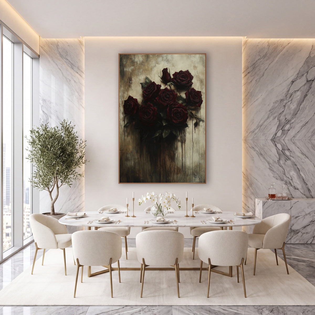 Dark Crimson Rose Bouquet Gothic wall art in an elegant modern room – seven deep crimson roses and a bud with green