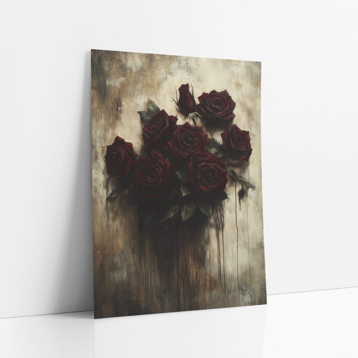 Dark Crimson Rose Bouquet Gothic art print leaning against a white wall – seven deep crimson roses and a bud with green