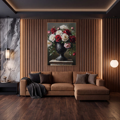 Crimson and Ivory Peony Urn Classic wall art in an elegant modern room – crimson, ivory and pink peonies with buds