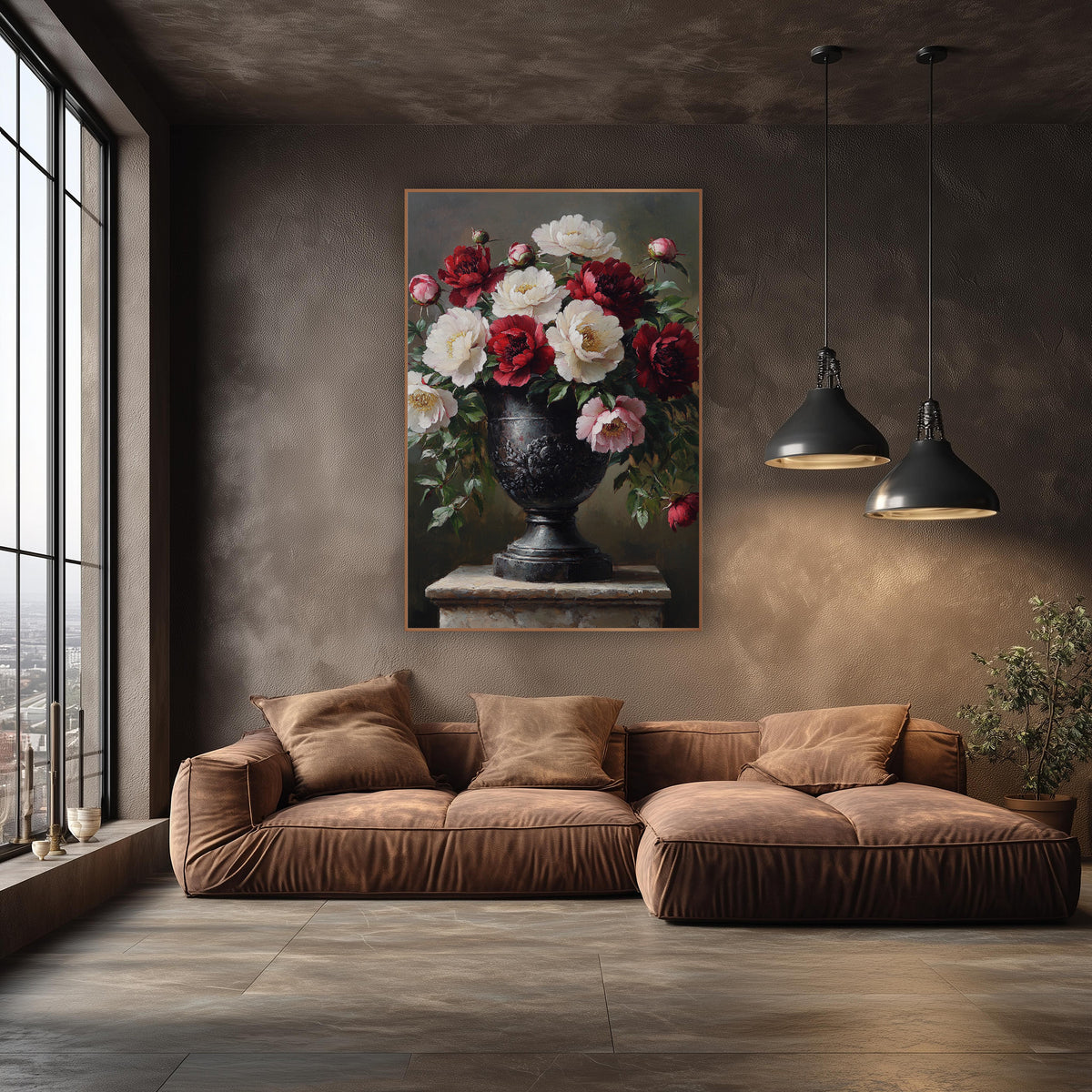 Crimson and Ivory Peony Urn Classic wall art in an elegant modern room – crimson, ivory and pink peonies with buds