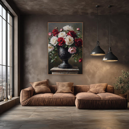 Crimson and Ivory Peony Urn Classic wall art in an elegant modern room – crimson, ivory and pink peonies with buds