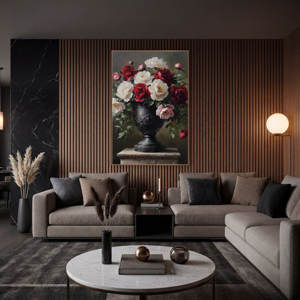 Crimson and Ivory Peony Urn Classic wall art in an elegant modern room – crimson, ivory and pink peonies with buds