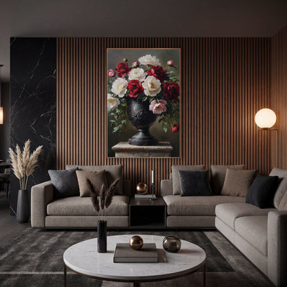 Crimson and Ivory Peony Urn Classic wall art in an elegant modern room – crimson, ivory and pink peonies with buds