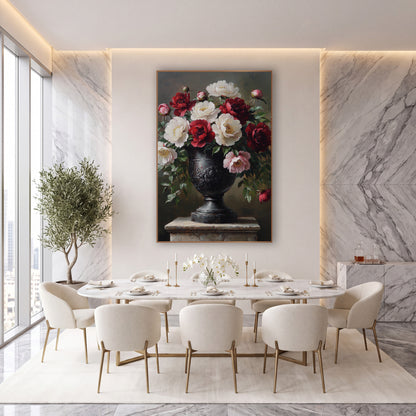 Crimson and Ivory Peony Urn Classic wall art in an elegant modern room – crimson, ivory and pink peonies with buds