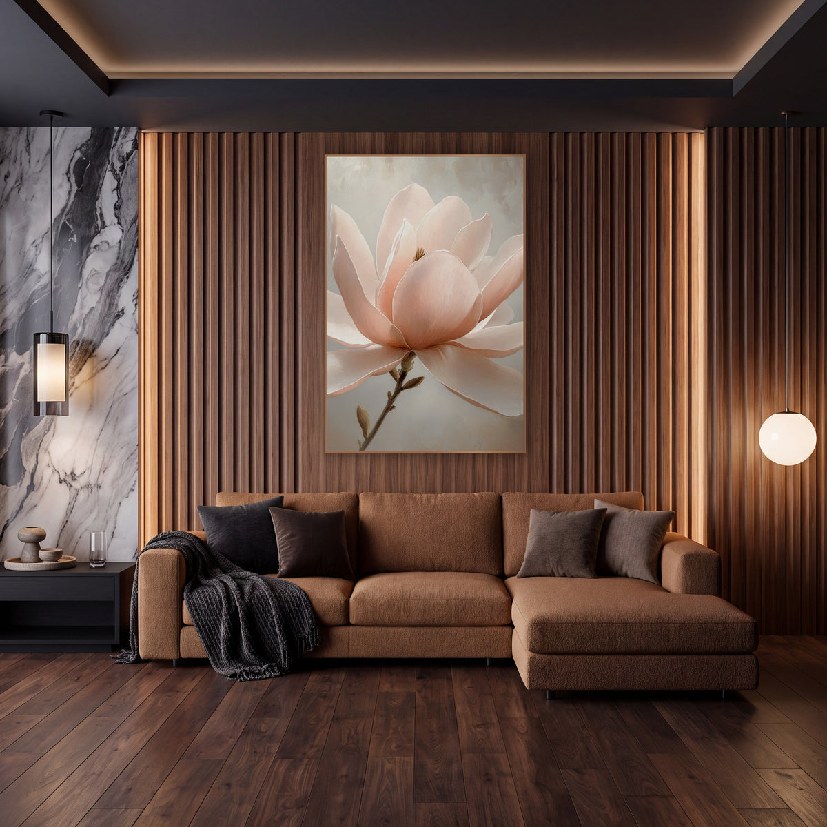 Luminous Peach Magnolia Soft Glow wall art in an elegant modern room – large blush pink magnolia flower with broad