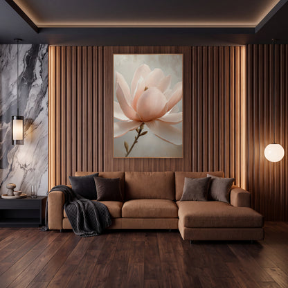 Luminous Peach Magnolia Soft Glow wall art in an elegant modern room – large blush pink magnolia flower with broad