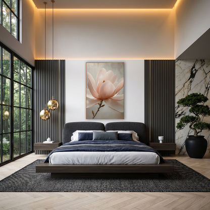 Luminous Peach Magnolia Soft Glow wall art in an elegant modern room – large blush pink magnolia flower with broad