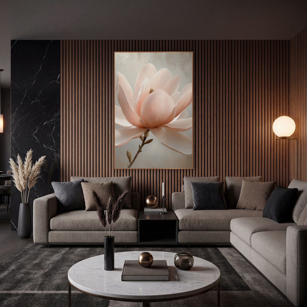 Luminous Peach Magnolia Soft Glow wall art in an elegant modern room – large blush pink magnolia flower with broad